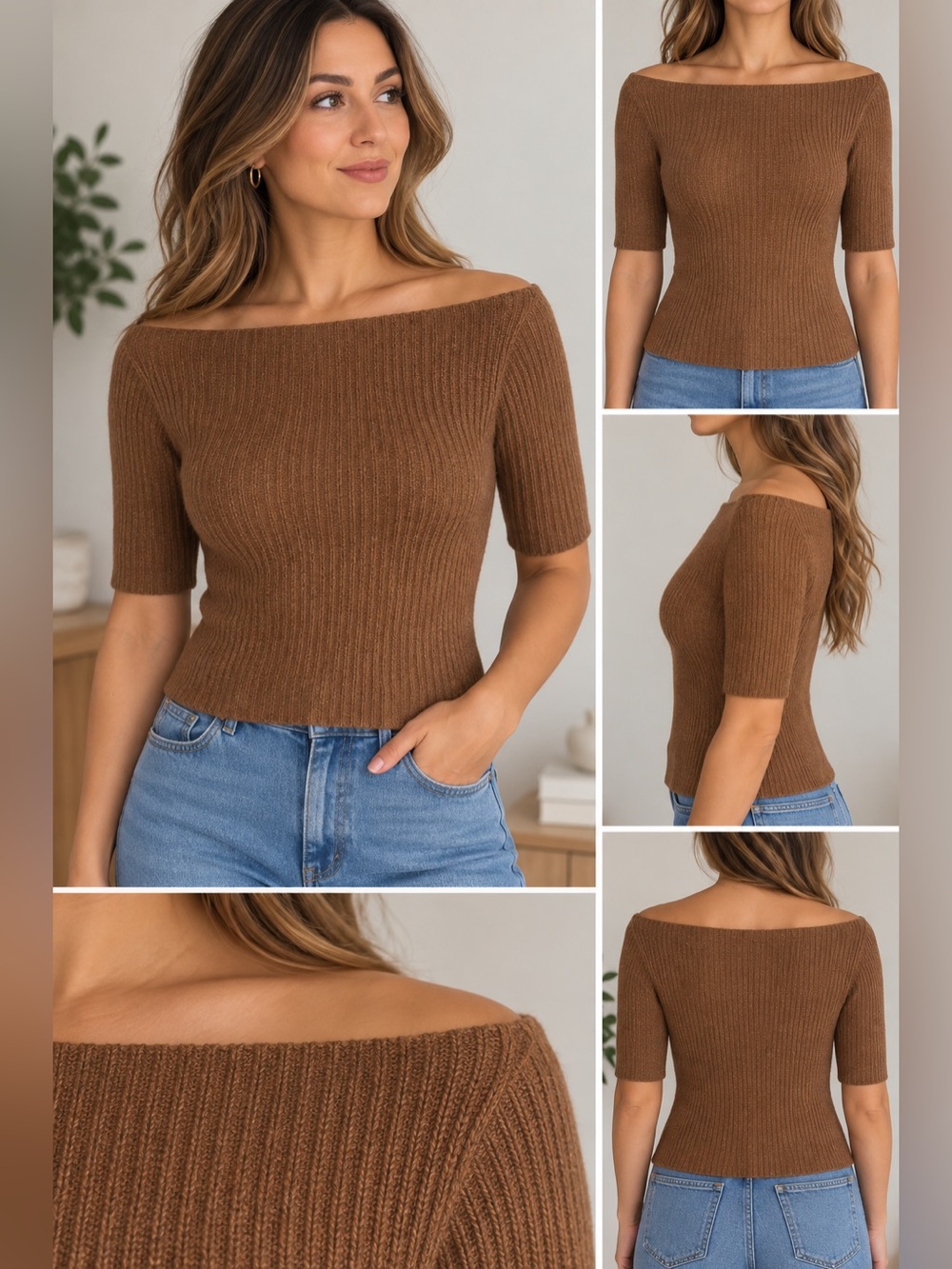 H&M Brown Ribbed Boat Neck Top Size S | NWT